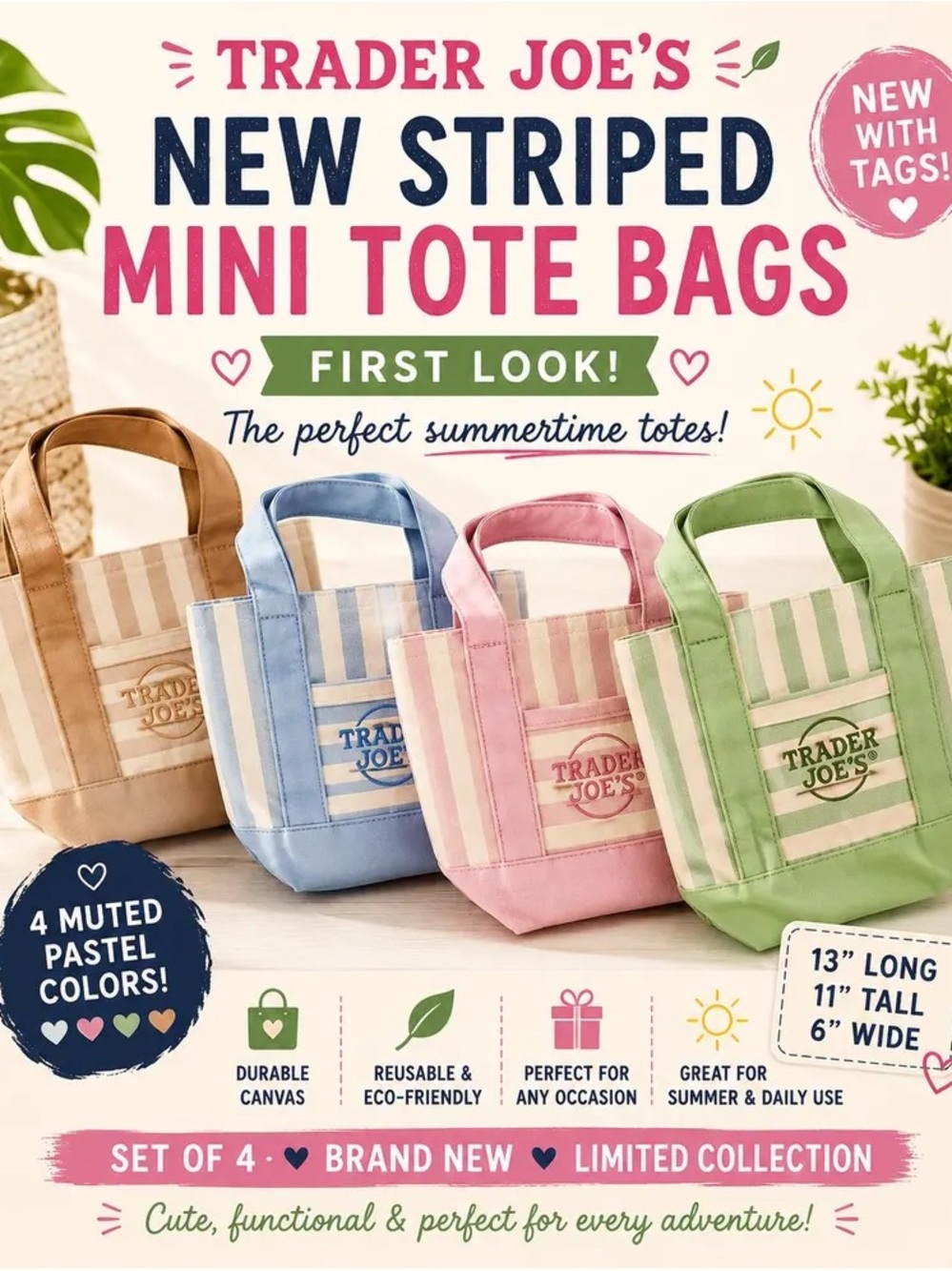 Trader Joe’s Pastel Stripe Mini Tote Bag - Set of 4
